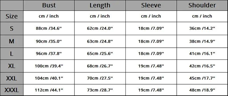 Size chart in centimetres: bust, length, sleeve and shoulder for S to 3XL