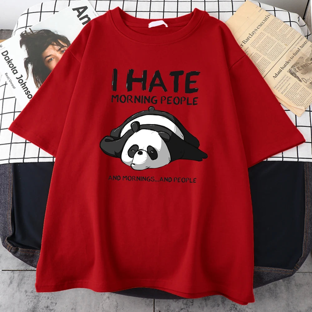 Red cotton tee printed with a sleeping panda and I Hate Morning People