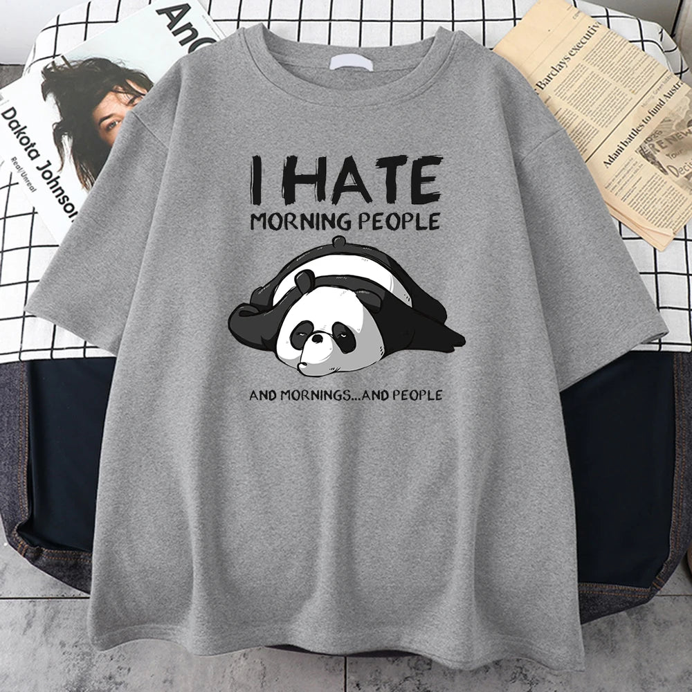Grey cotton tee printed with a sleeping panda and I Hate Morning People