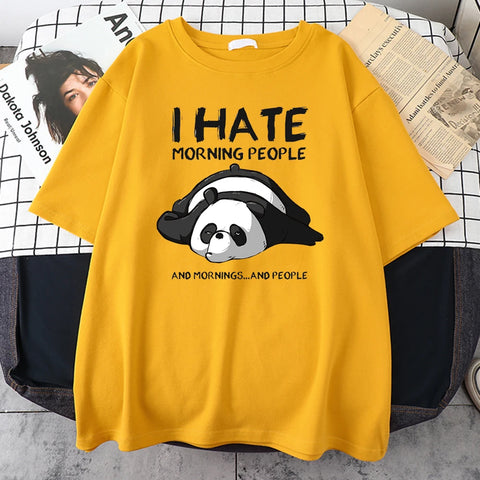 Yellow cotton tee printed with a sleeping panda and I Hate Morning People