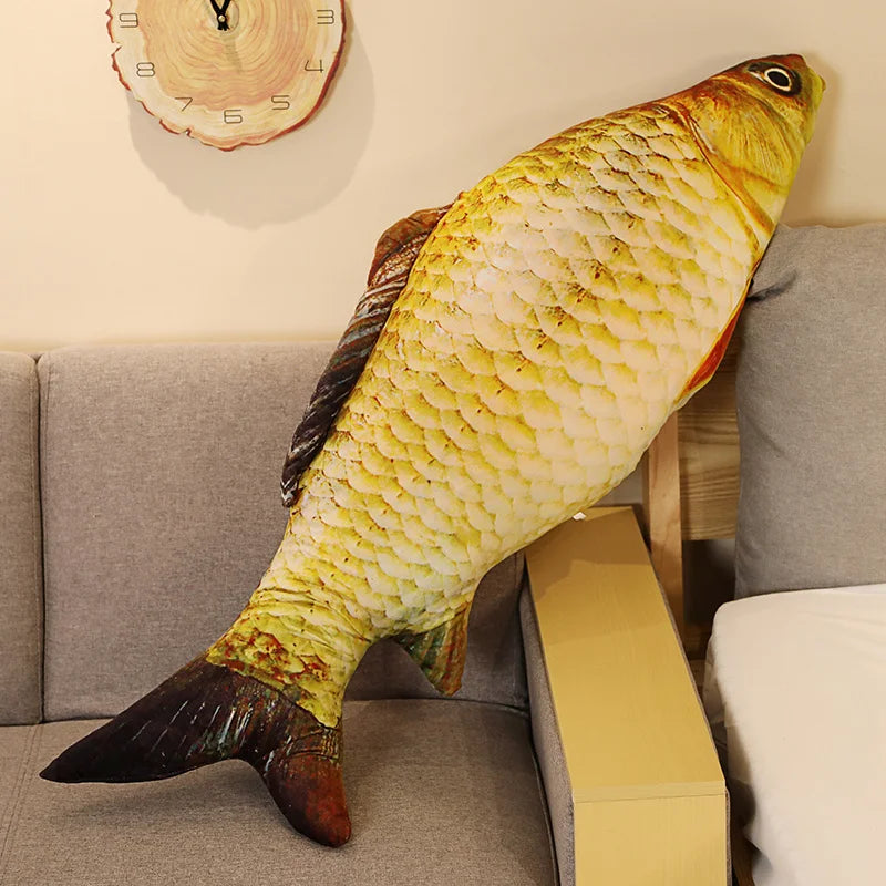 The crucian carp pillow on its own - yellow-gold printed scales