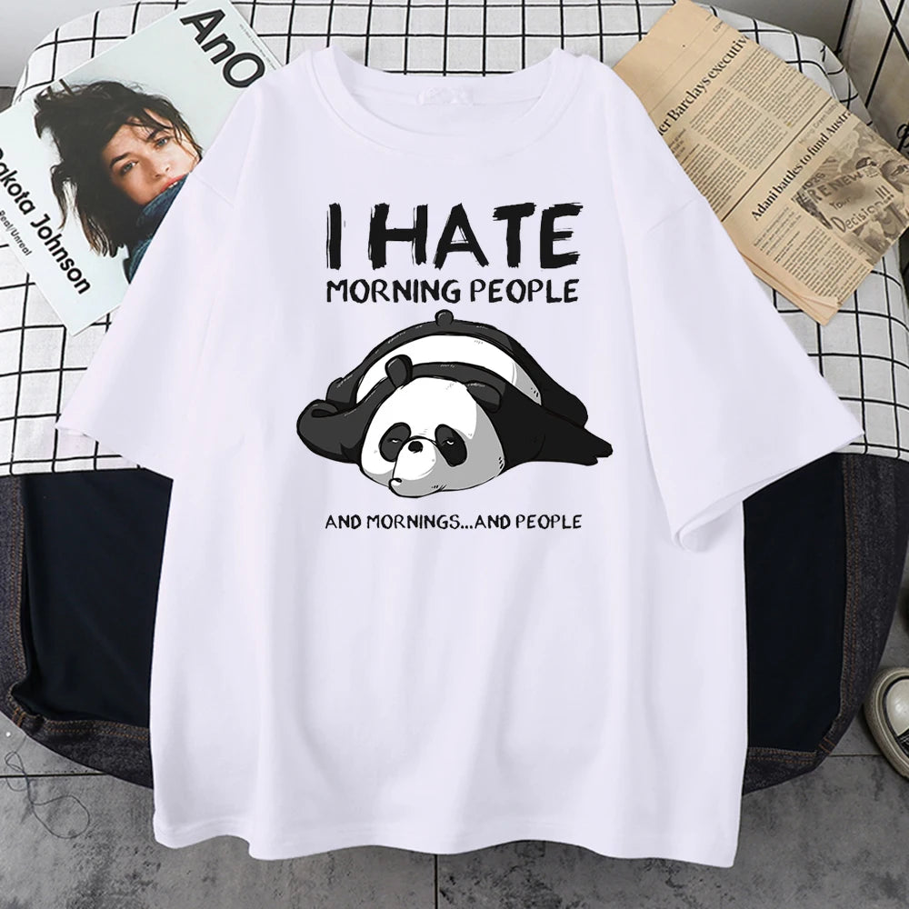 White cotton tee printed with a sleeping panda and I Hate Morning People