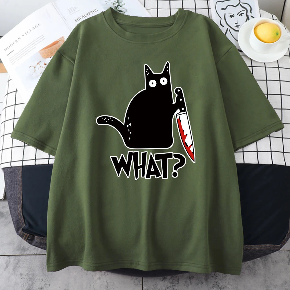 Olive green cotton tee printed with a black cat holding a bloody knife above the word WHAT