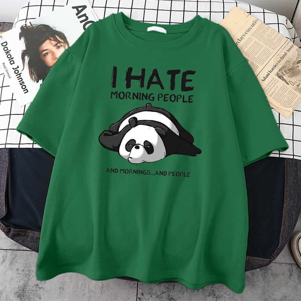 Green cotton tee printed with a sleeping panda and I Hate Morning People