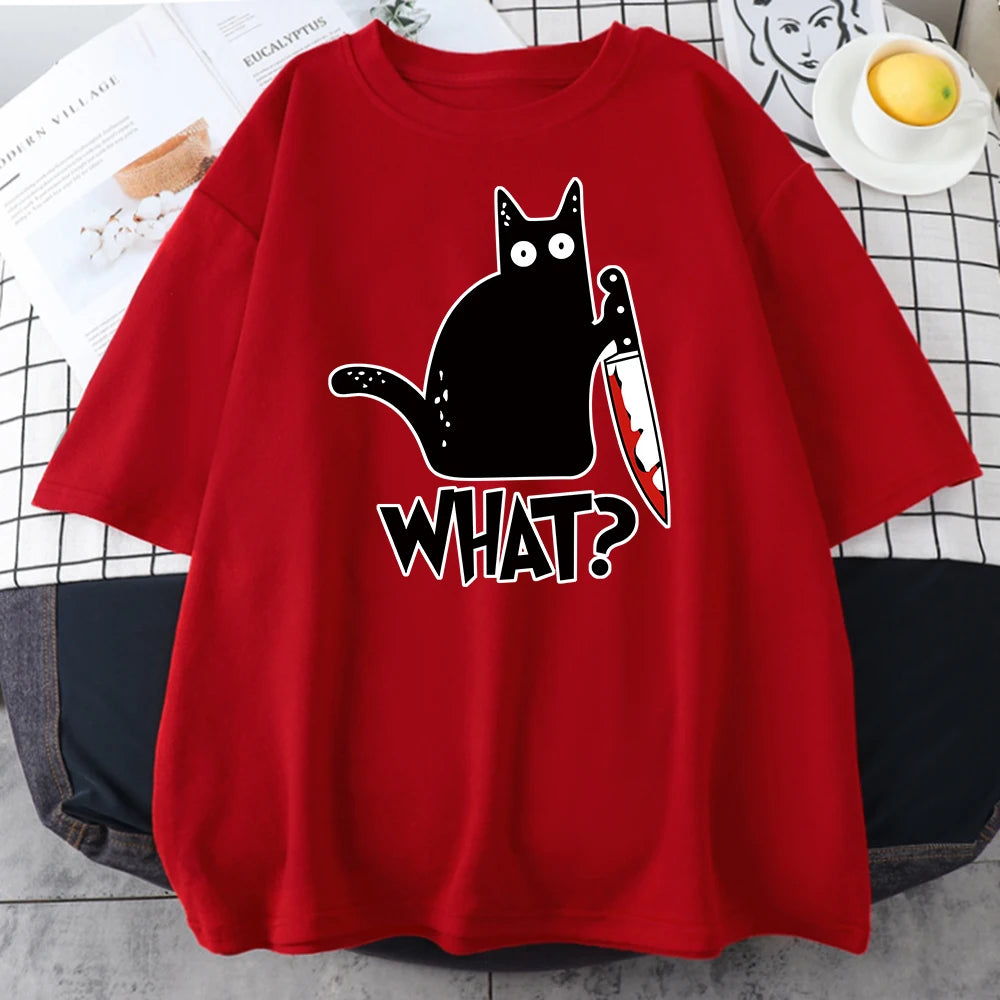 Red cotton tee printed with a black cat holding a bloody knife above the word WHAT
