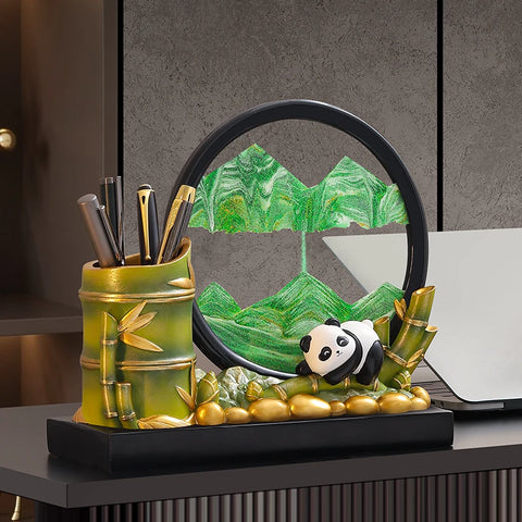 Panda Sand-Art Pen Holder with circular green sand display