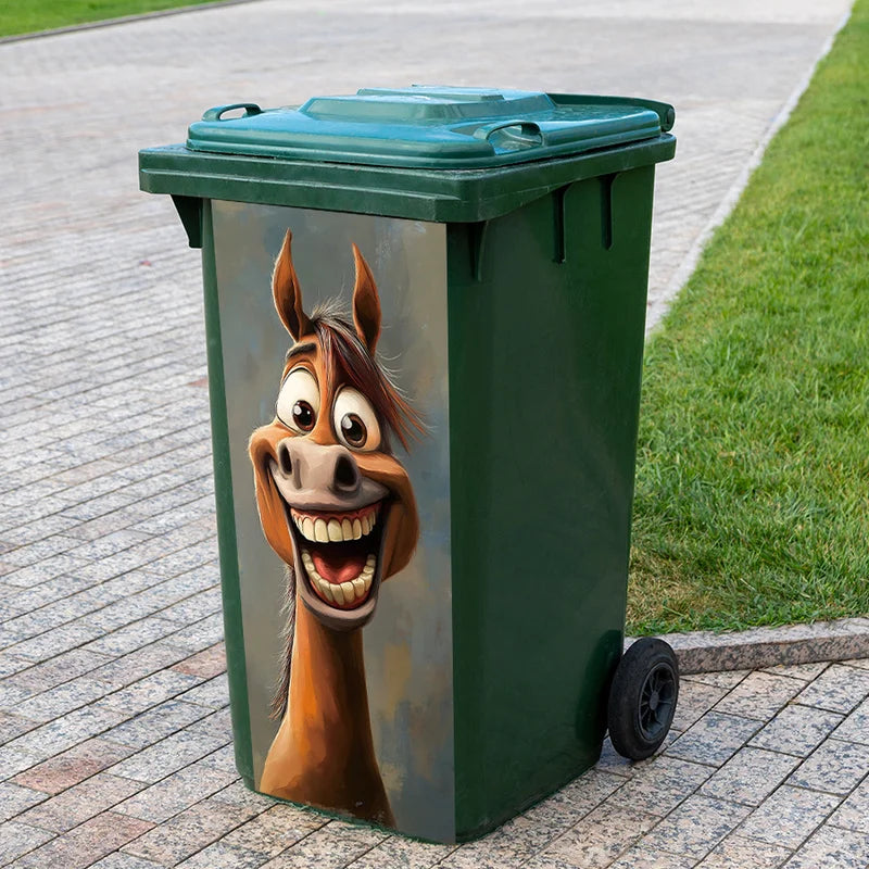 The same horse decal on a green-lidded wheelie bin beside a lawn