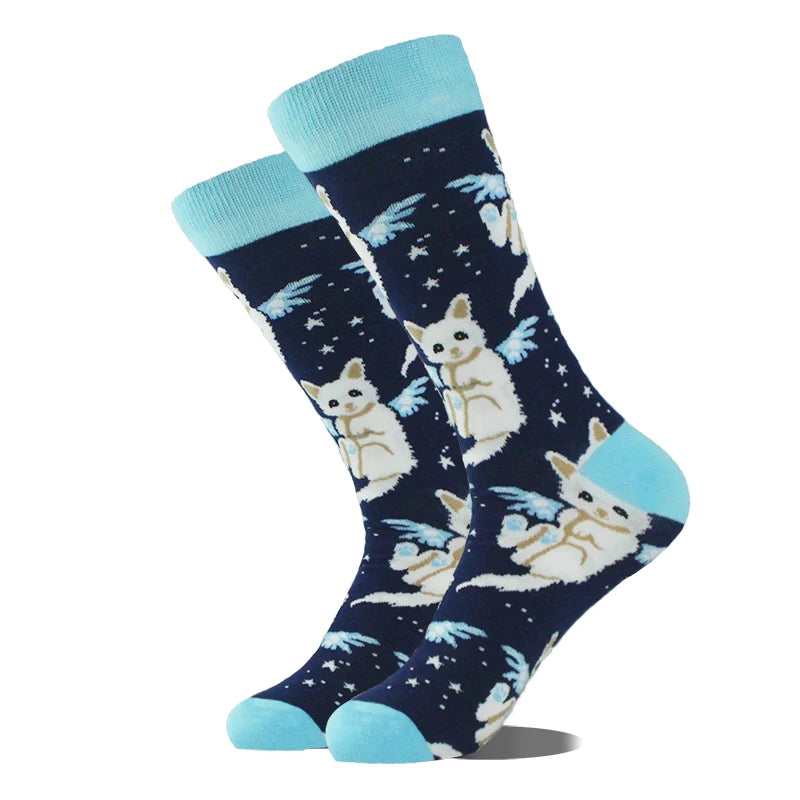 Funny novelty crew socks, winged space cats design