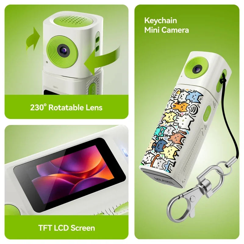Maker graphic showing the twisting lens housing, front screen and keyring clip