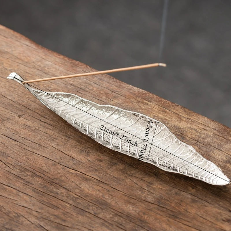 Silver Leaf Long metal stick incense holder, maker size graphic shown