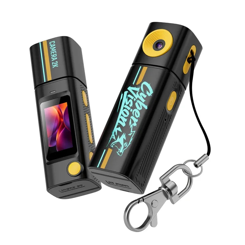 Black keychain mini camera with a neon graphic print