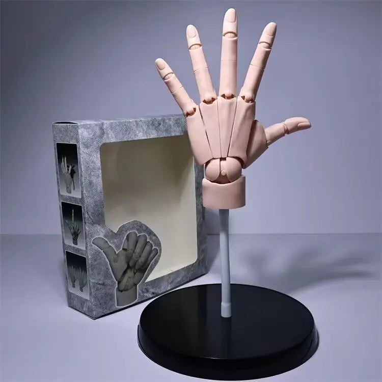 Skin-tone left hand model with the fingers spread, on its stand beside the window box