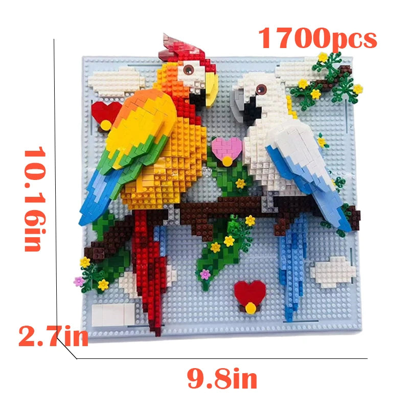 Maker card for the two parrot design: 1700 pieces, board face 10.16 by 9.8 inches