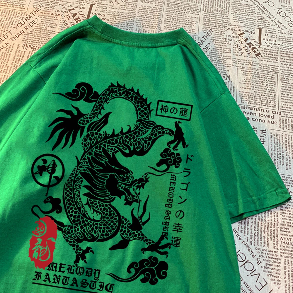 Green cotton tee with a large black dragon printed across the back
