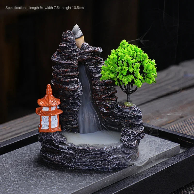 Orange pagoda and green tree incense burner, 10.5 cm tall
