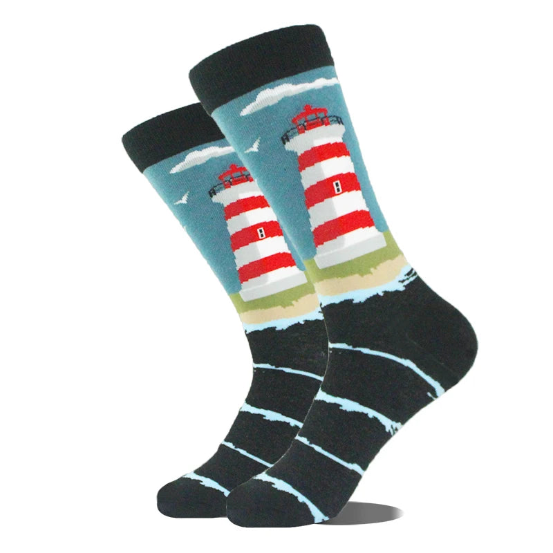 Funny novelty crew socks, lighthouses design