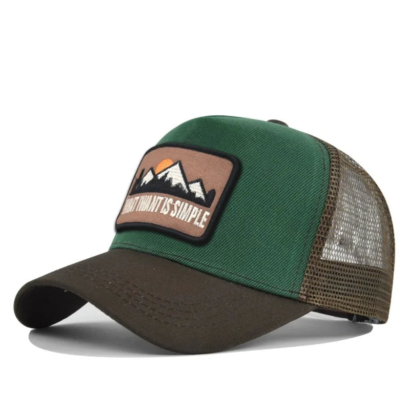 Green crown with brown brim and olive mesh