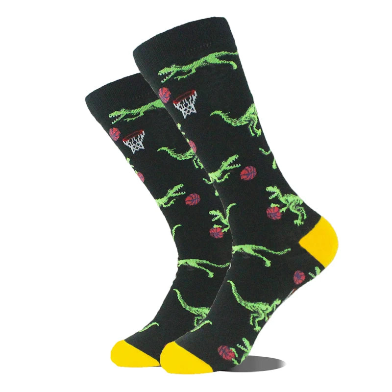 Funny novelty crew socks, green dinosaurs black design