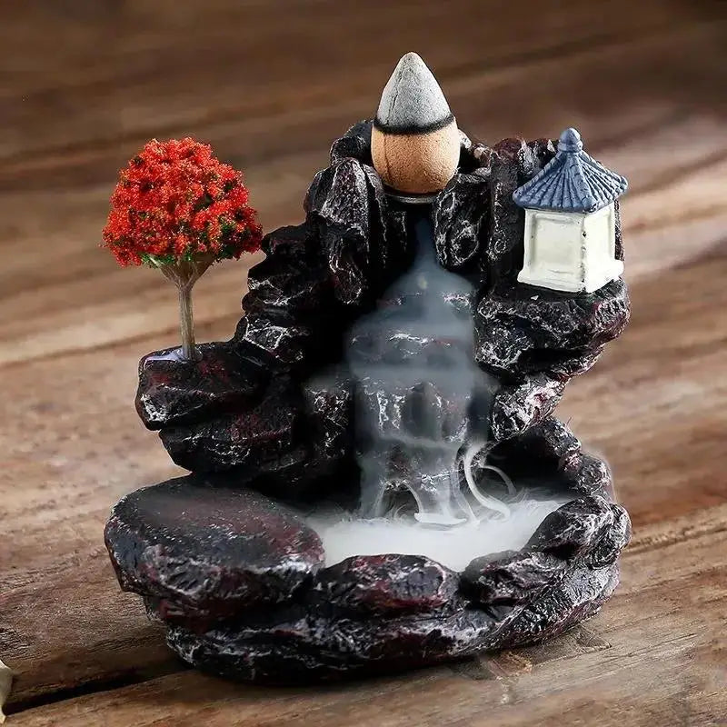 Pagoda & Red Blossom: resin waterfall incense burner with a red flowering tree and a blue-roofed lantern