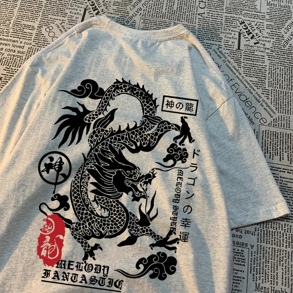 Grey cotton tee with a large black dragon printed across the back
