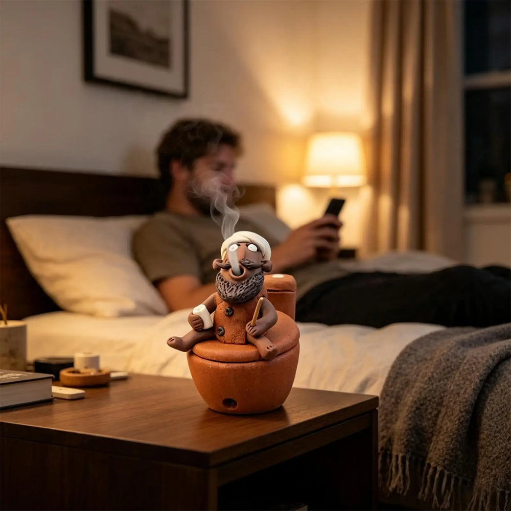 The incense burner on a bedside table in a staged bedroom scene