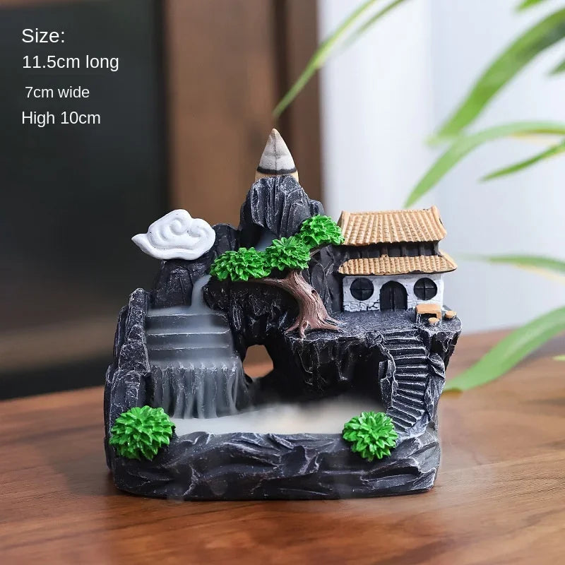 Bonsai terrace incense burner with tiled roof houses, 11.5 cm long and 10 cm tall