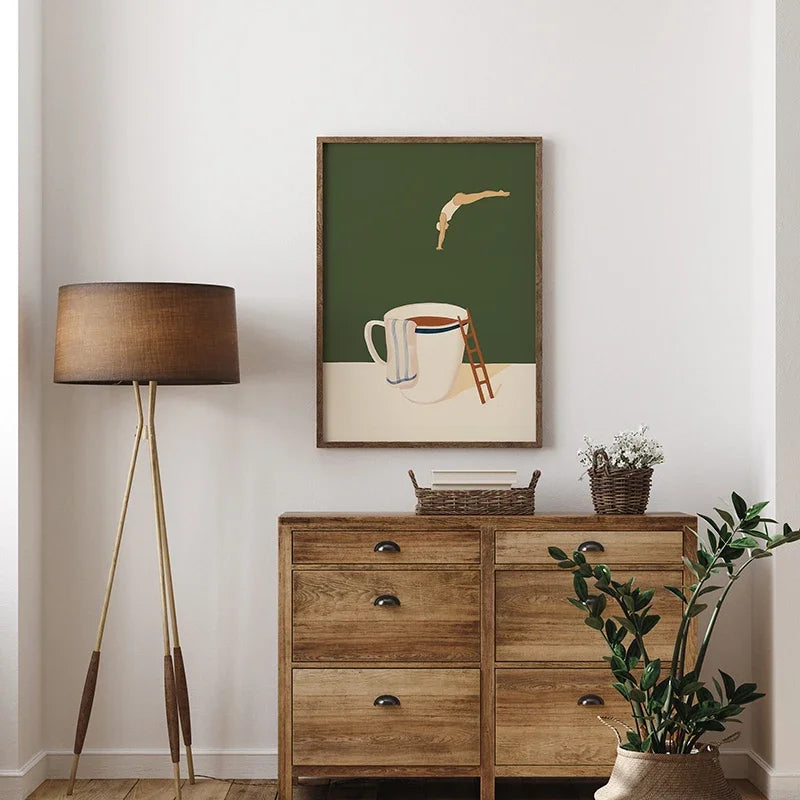 Mock-up of one framed coffee print on a wall above a wooden sideboard