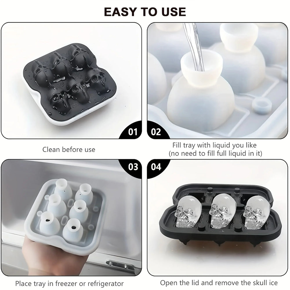 Four steps: rinse the tray, fill it, freeze it flat, then open it and lift out the skull ice