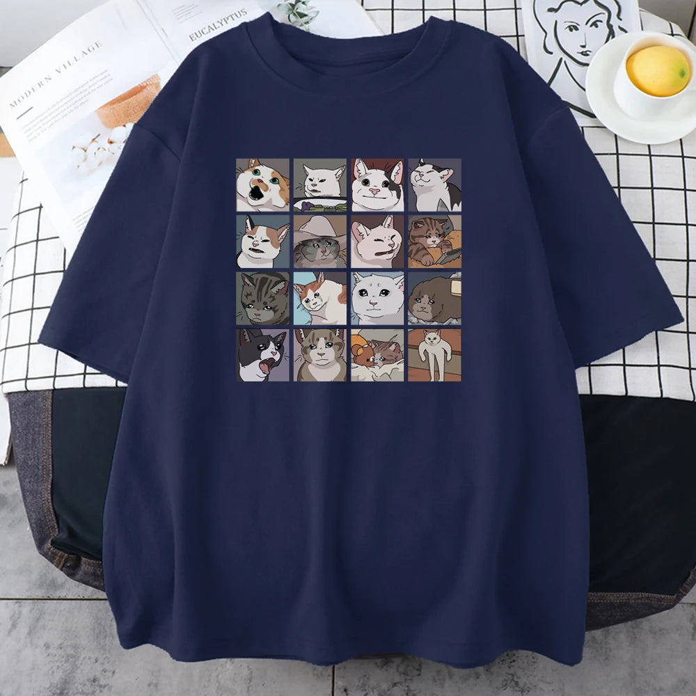 Dark blue cotton tee with the sixteen cat faces grid print