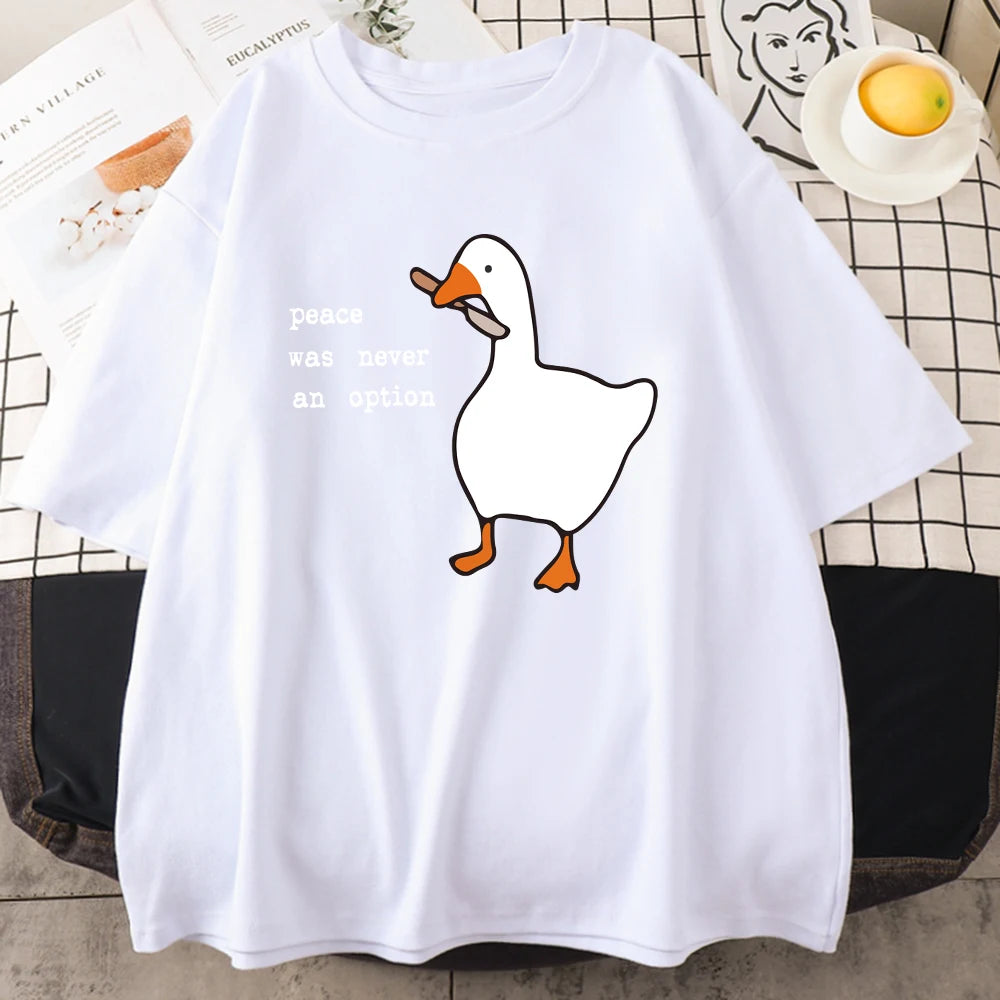 White cotton tee with the white goose and slogan print