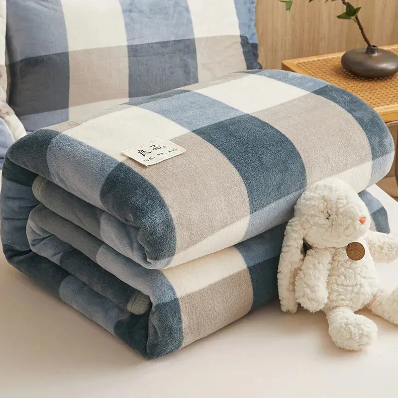 Blue Check: the blanket folded, showing large blue and cream squares