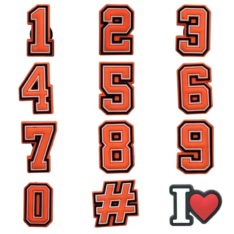 Set of 12 orange number shoe charms, 0 to 9 plus a heart and a hash