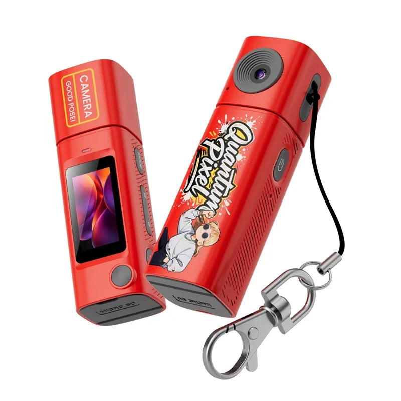 Red keychain mini camera with a comic print