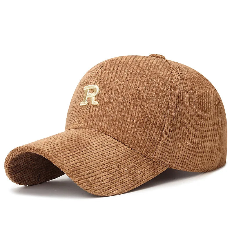 Light brown corduroy baseball cap with a cream 3D embroidered letter R