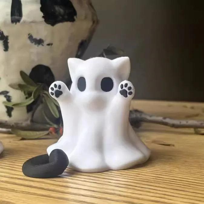 The ghost cat on a wooden shelf beside a plant and a pale vase
