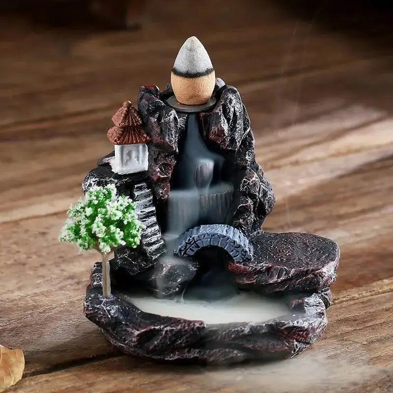 Bridge & Green Tree: resin waterfall incense burner with smoke running down the rocks past a stone bridge