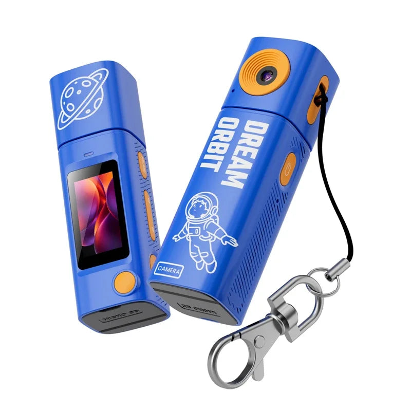 Blue keychain mini camera with an astronaut print