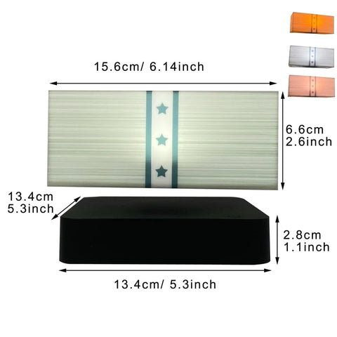Maker diagram of the square-base version: the lit banknote-styled block measured at 15.6cm by 6.6cm above a square base 13.4cm on each side and 2.8cm tall, with three colour chips at the side
