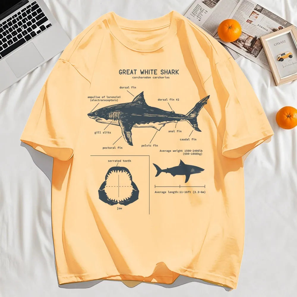 Great white shark anatomy diagram printed on a sun orange t-shirt