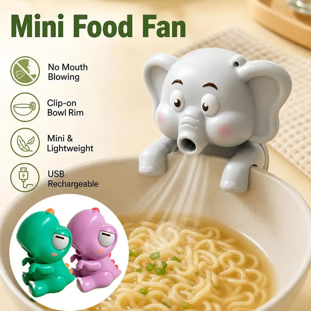 Maker panel showing the fan clipped to a bowl of noodle soup, listing clip-on use, small size and USB charging