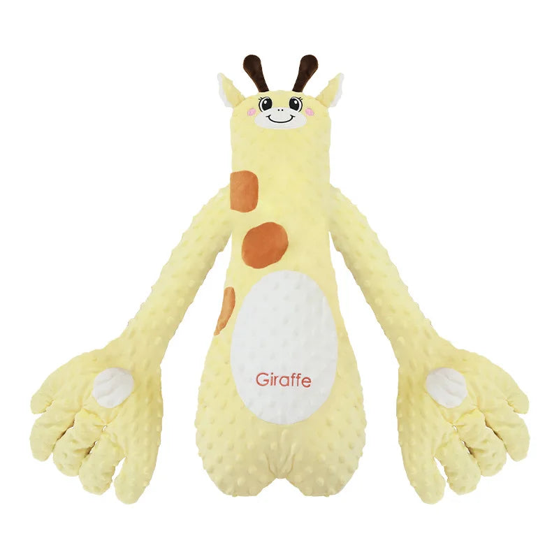 The yellow giraffe design photographed alone on a white background, showing the long body and both oversized plush hands