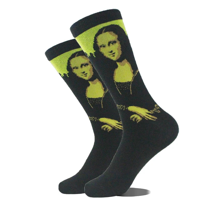 Funny novelty crew socks, mona lisa portrait design