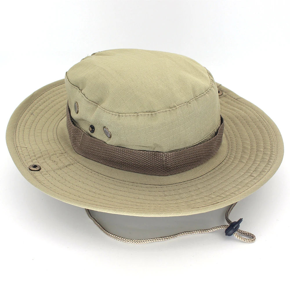 Khaki boonie hat with metal vent eyelets and a webbing crown band