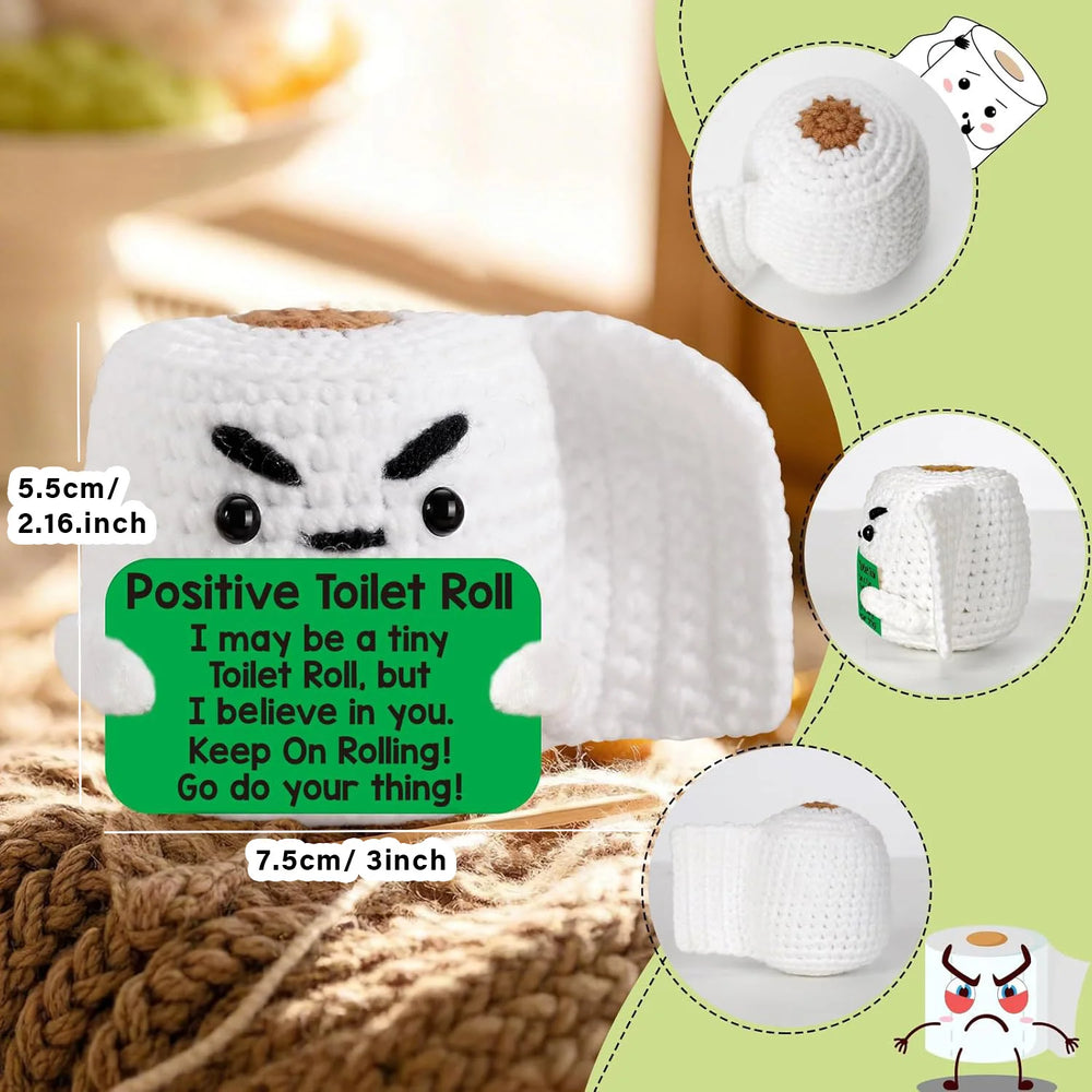 Crochet positive affirmation doll holding an encouragement card