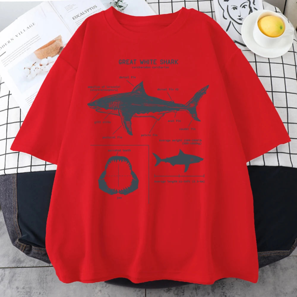 Great white shark anatomy diagram printed on a red t-shirt