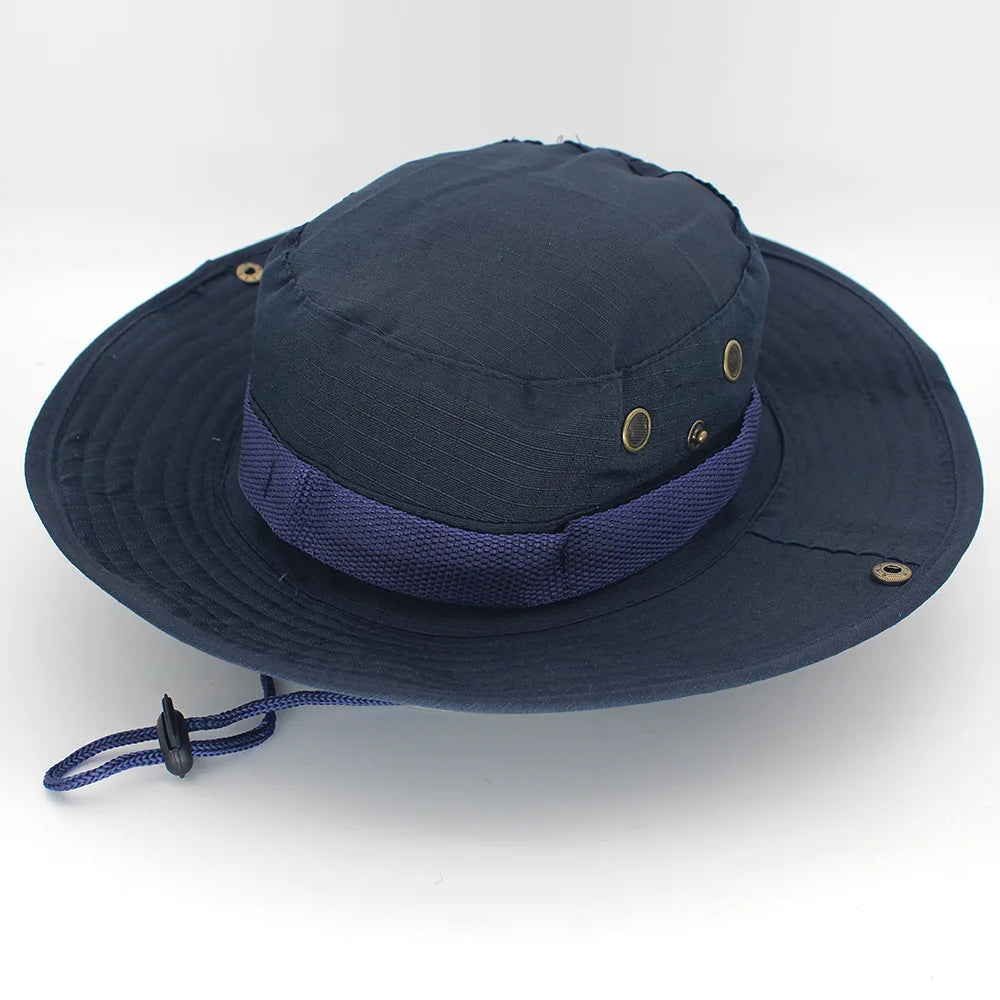 Plain navy blue boonie hat with a wide stiffened brim and chin cord
