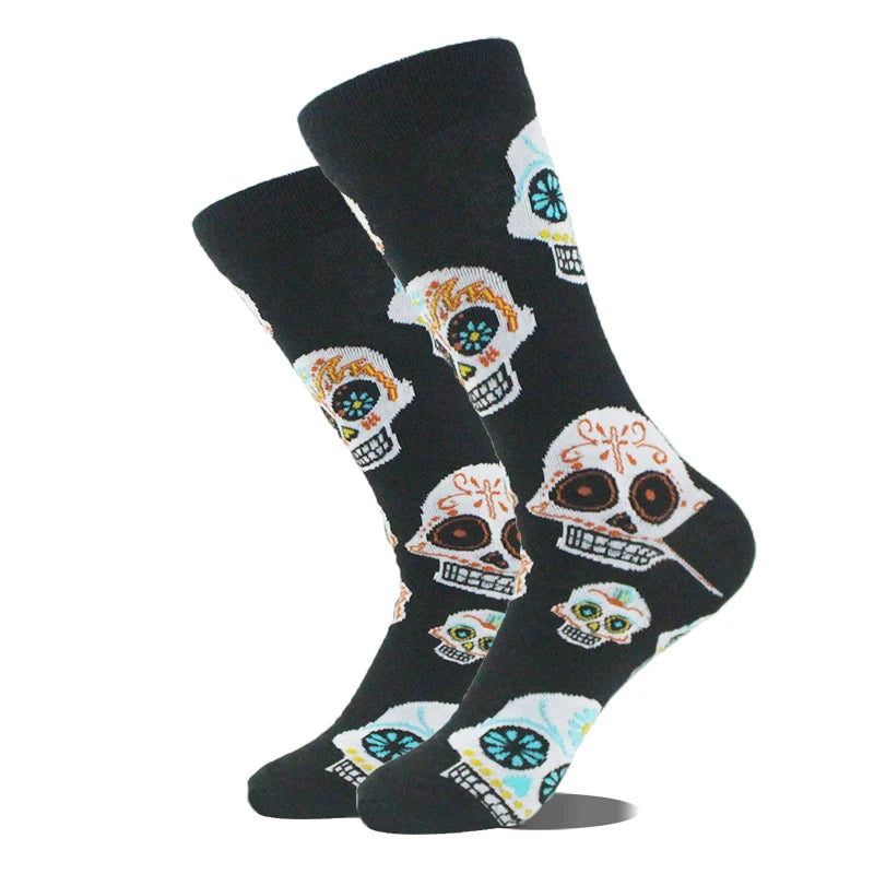 Funny novelty crew socks, sugar skulls design