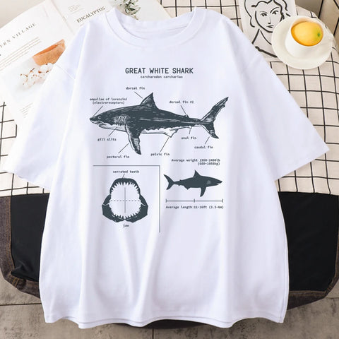 Great white shark anatomy diagram printed on a white t-shirt