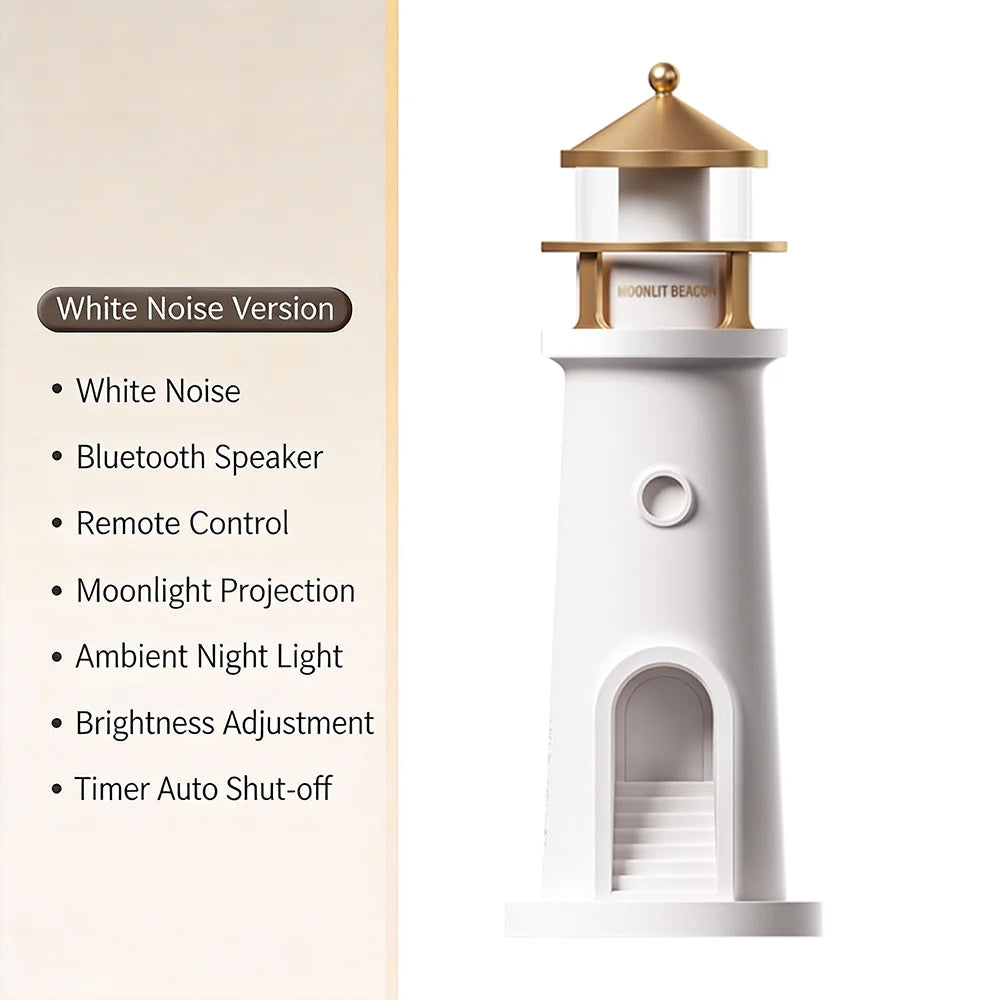 Maker feature card headed White Noise Version, listing white noise, Bluetooth speaker, remote control, moonlight projection, ambient night light, brightness adjustment and timer auto shut-off