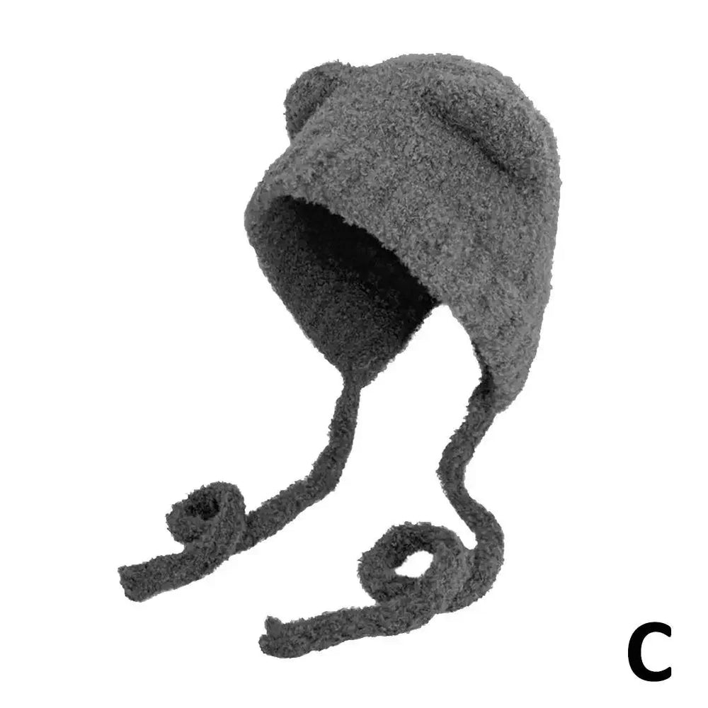 Grey bear ear beanie with long twisted tie flaps